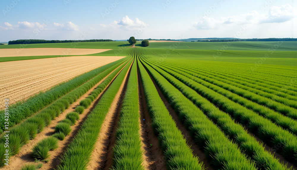 Vast asparagus plantation under a bright blue sky, agricultural landscape Vast asparagus plantation under a bright blue sky, agricultural landscape