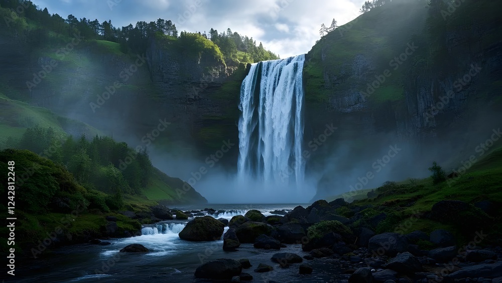 Fototapeta premium A tall waterfall cascading down rocky cliffs, mist rising into the air