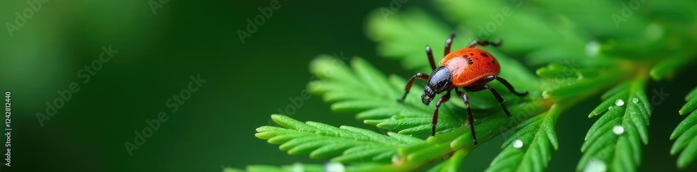 Fototapeta premium Ixodes persulcatus on a fir leaf with dew droplets, arachnid, tick