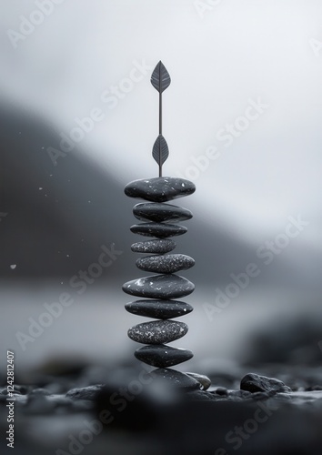 Black and white photograph of a stack of pebbles with an arrow on top. the stack is made up of multiple small stones of different sizes and shapes, arranged in a pyramid-like structure. photo