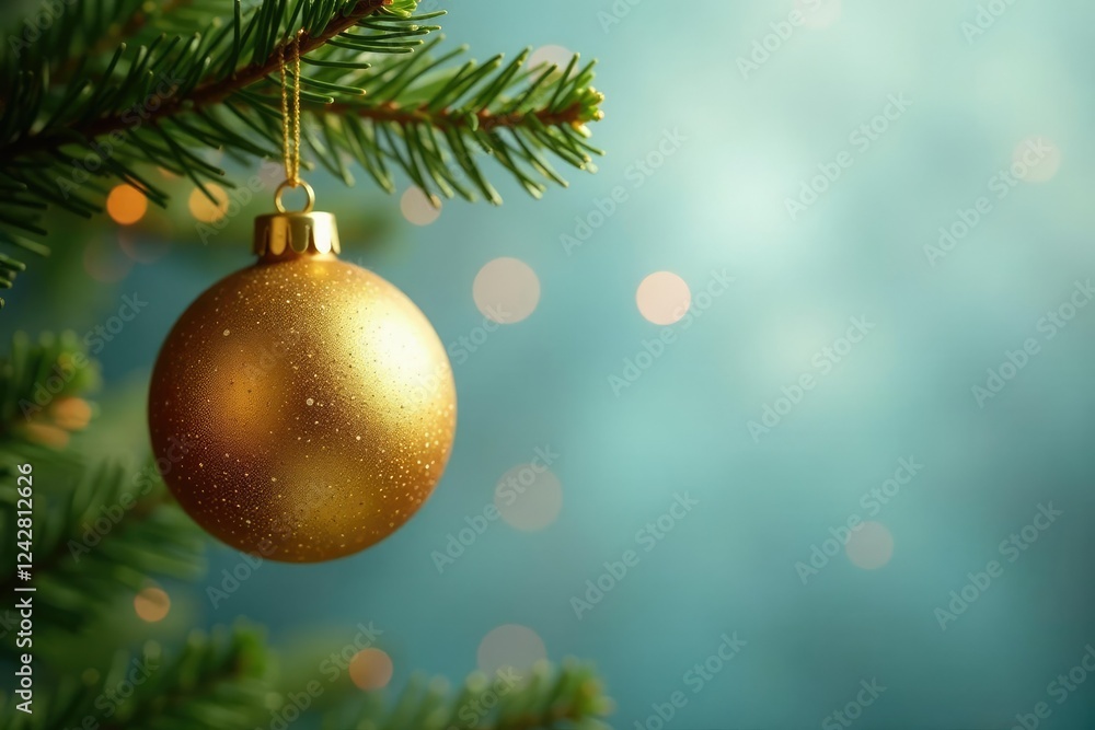 Glittering golden ornaments hanging from a Christmas tree branch, sparkly, sparkling Glittering golden ornaments hanging from a Christmas tree branch, sparkly, sparkling