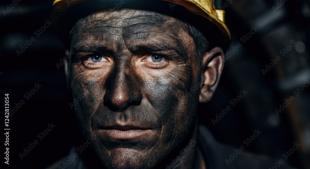 Caucasian male miner with soot-covered face and hard hat in low light Caucasian male miner with soot-covered face and hard hat in low light