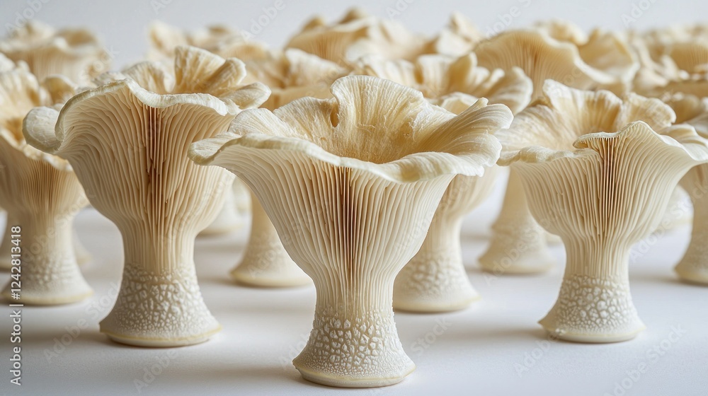 Studio-shot creamy mushrooms, harvest, rows, white background, food Studio-shot creamy mushrooms, harvest, rows, white background, food