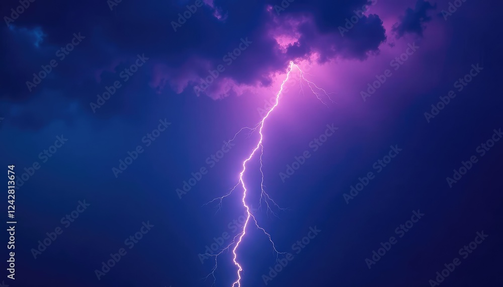 Defocused lightning bolt illuminates a dark blue and purple cloud, contrast, stormy Defocused lightning bolt illuminates a dark blue and purple cloud, contrast, stormy