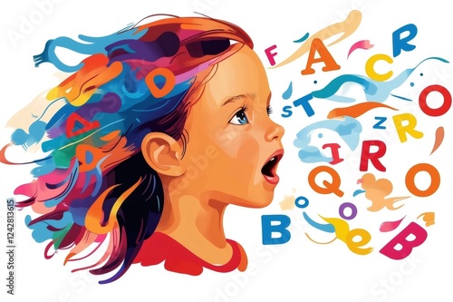 Colorful illustration of a child practicing speech therapy, speaking and learning the alphabet with vibrant and dynamic letters