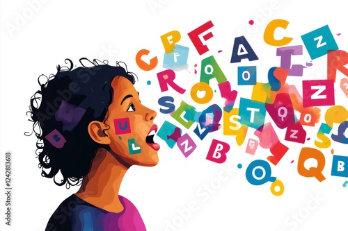 Colorful letters coming out of a young girl's mouth, symbolizing speech therapy, language development, and communication