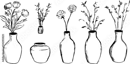 Hand-Drawn Vases with Floral Arrangements