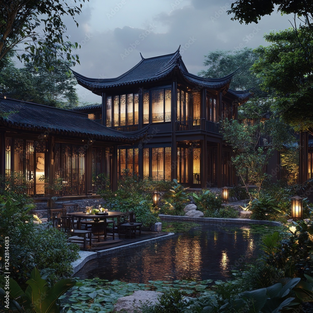 Building with lights in lush garden at dusk. Possibly architecture or travel Building with lights in lush garden at dusk. Possibly architecture or travel