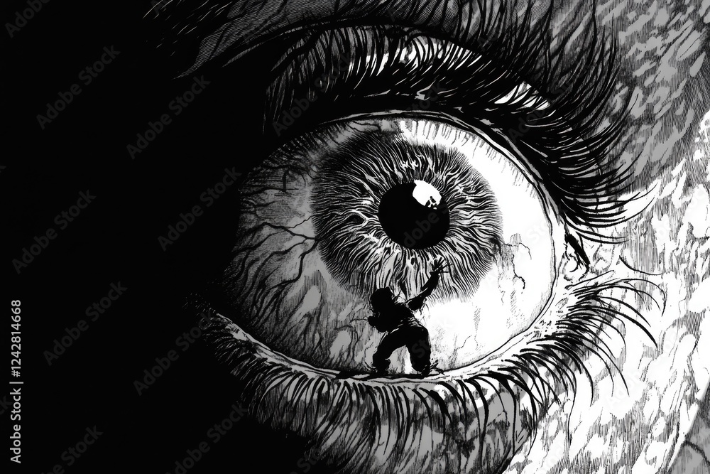 Fototapeta premium Giant Eye Encompassing Small Figure Within Its Iris
