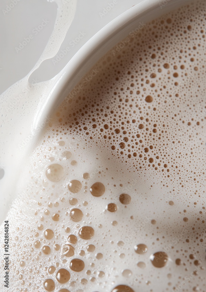 Close-up of a cup of coffee. the cup is white and has a smooth texture. the coffee is frothy and has small bubbles on its surface. Close-up of a cup of coffee. the cup is white and has a smooth texture. the coffee is frothy and has small bubbles on its surface.