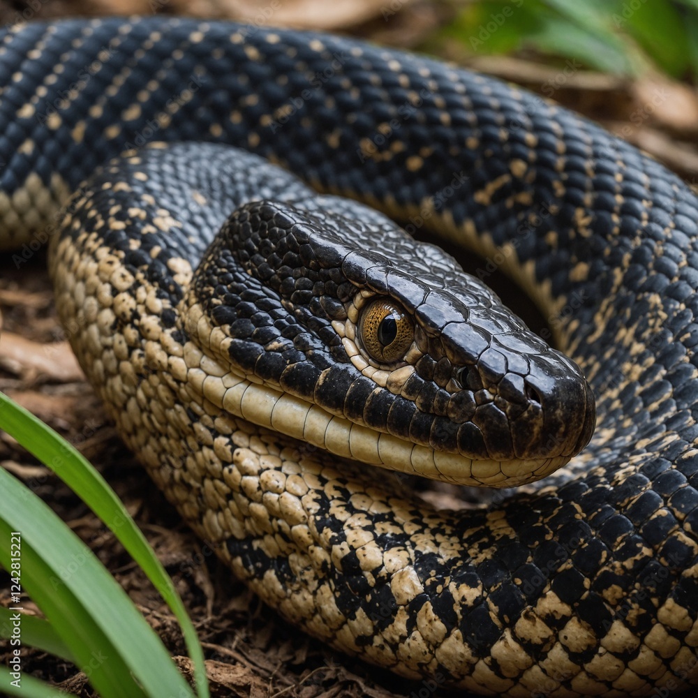 A king cobra with its hood fully expanded, showcasing intricate scale details. A king cobra with its hood fully expanded, showcasing intricate scale details.