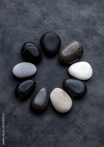 Group of nine pebbles arranged in a circular pattern on a dark grey textured surface. the stones are of different sizes and shapes, with some being black, some being white, and some being brown.
