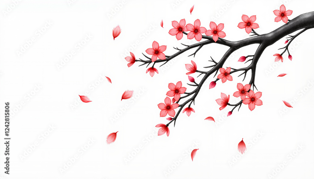Naklejka premium Plum blossoms in wind on minimalistic white background
