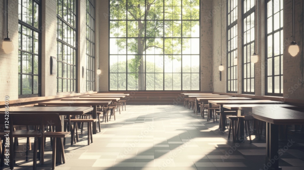Sunny cafe interior, tree view, wooden tables, floor Sunny cafe interior, tree view, wooden tables, floor
