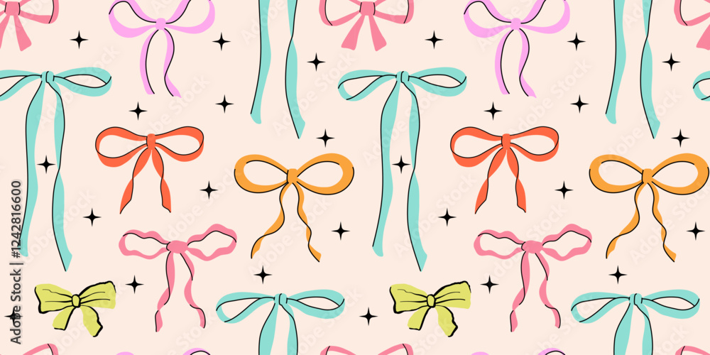 Vector seamless pattern with bows and ribbons. Hand drawn trendy pattern for background, print, scrapbook, fabric, textile design.