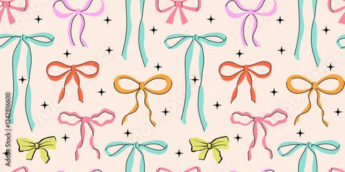 Vector seamless pattern with bows and ribbons. Hand drawn trendy pattern for background, print, scrapbook, fabric, textile design.