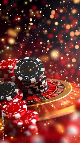 casino chips stacked on a playtable with bokeh on the background photo