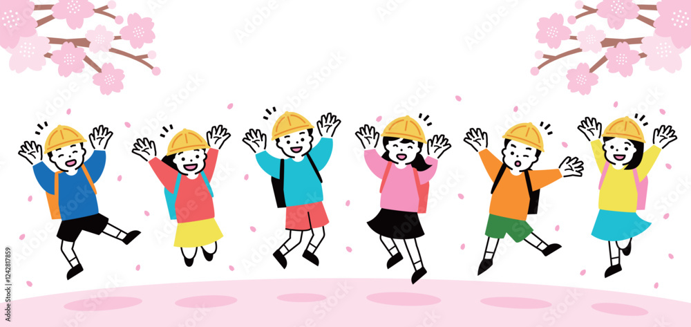 Obraz premium 春の新学期、入学式で桜の舞う中小学生(新入生)がジャンプしながら喜ぶ笑顔の子供イラスト 