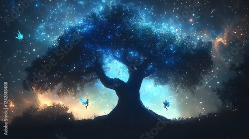 mystical tree of life with a cosmic nebula on the background photo