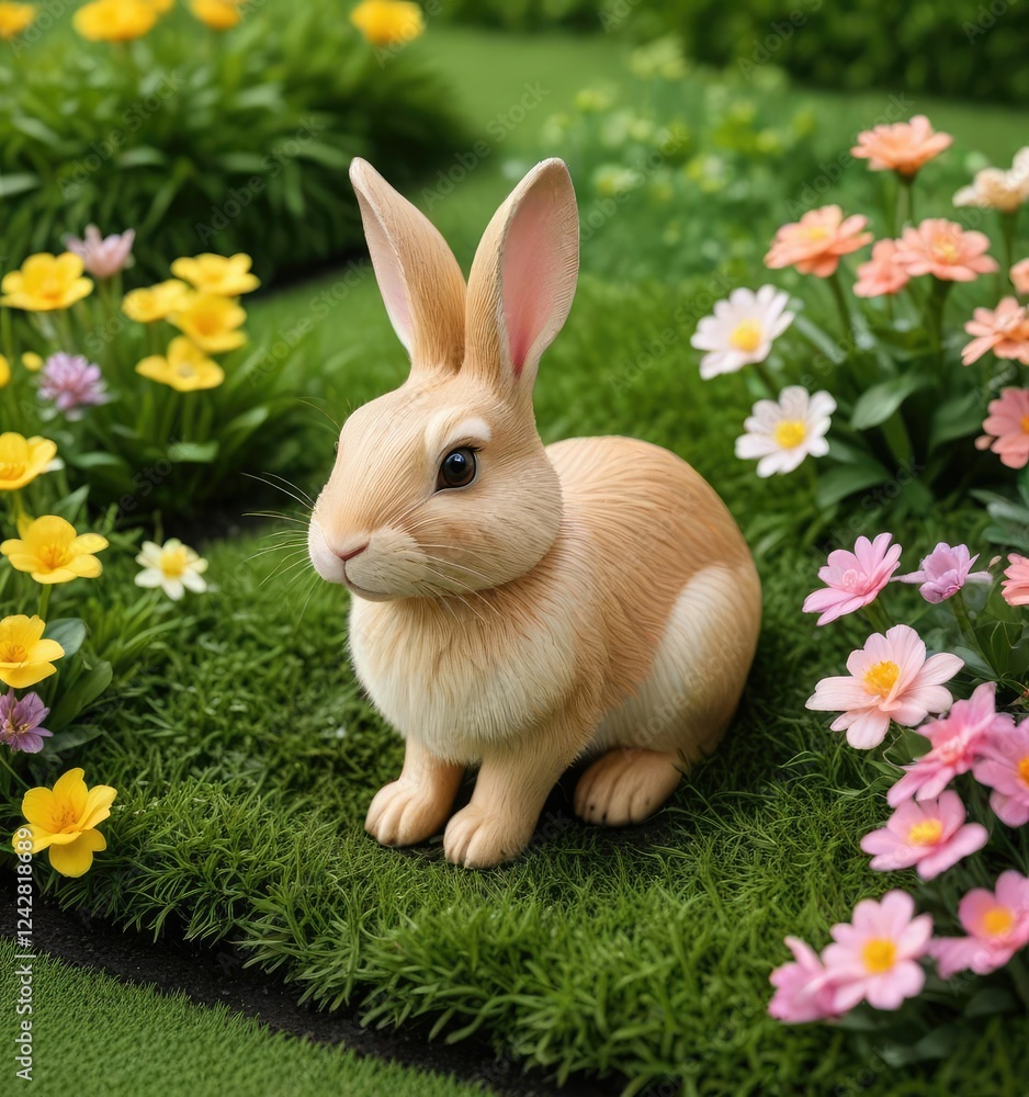 Fototapeta premium Wooden rabbit ornament nestled in artificial turf with spring flowers, foliage, decorative item