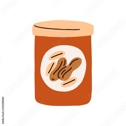 Peanut butter jar. Creamy nutty food, spread. American snack, nut cream. Natural paste, product for breakfast, lunch in package. Flat graphic vector illustration isolated on white background