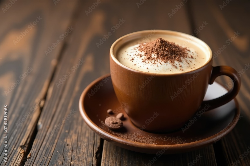 Wooden cup filled with luxurious hot chocolate, stylish mug, luxurious hot chocolate Wooden cup filled with luxurious hot chocolate, stylish mug, luxurious hot chocolate