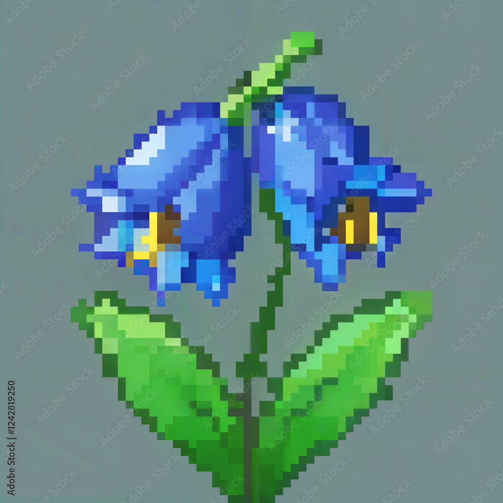 Bluebell flower in pixel art style on grey background for cross stitch pattern Bluebell flower in pixel art style on grey background for cross stitch pattern