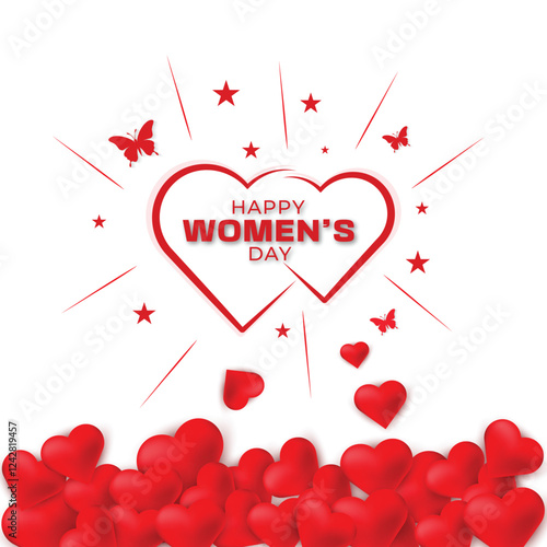 Happy Women's Day Celebration: A vibrant and festive illustration celebrating International Women's Day, featuring intertwined hearts adorned with butterflies and stars.