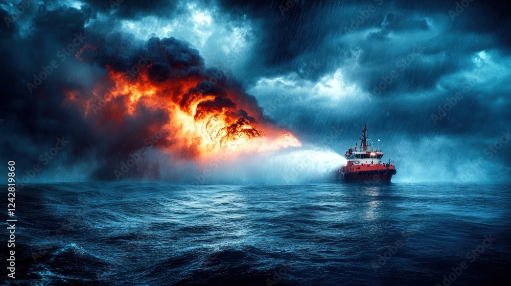 Fireboat battling a raging inferno at sea during a storm Fireboat battling a raging inferno at sea during a storm