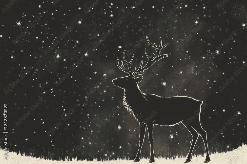 Ink sketch of a reindeer standing in a snowy field under a starry night sky, creating a peaceful and magical winter scene Ink sketch of a reindeer standing in a snowy field under a starry night sky, creating a peaceful and magical winter scene