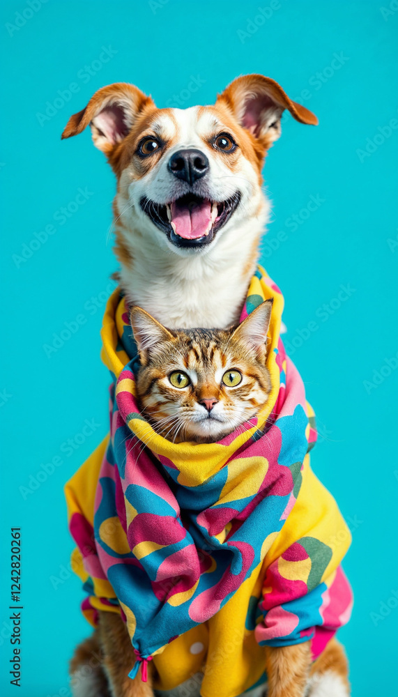 cute dogs dressed in fashionable stylish bright clothes on a bright colored background cute dogs dressed in fashionable stylish bright clothes on a bright colored background
