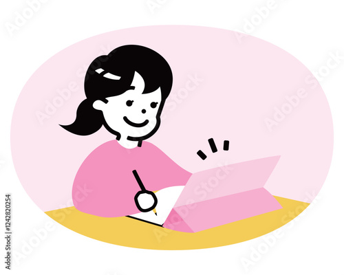 小学生ぐらいの子供(男の子)がタブレットを使って勉強・学習しているイラスト_子どもの塾・ICT教育授業関連イメージ