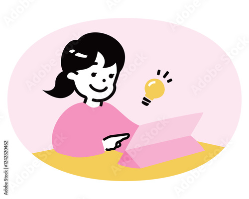 小学生ぐらいの子供(女の子)がタブレットを使って勉強・学習しているイラスト_子どもの塾・ICT教育授業関連イメージ