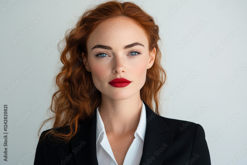 Elegant Portrait of a Caucasian Woman in Formal Attire with Vibrant Red Lipstick, Featuring Light Blonde Hair, Crisp White Background, and Professional Styling for Beauty, Fashion, and Corporate Use Elegant Portrait of a Caucasian Woman in Formal Attire with Vibrant Red Lipstick, Featuring Light Blonde Hair, Crisp White Background, and Professional Styling for Beauty, Fashion, and Corporate Use