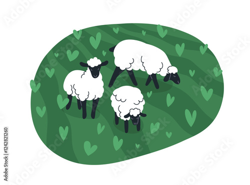 Sheep, farm animals grazing in green field. Woolly livestock, rural country fauna, ewes herd in summer countryside, eating grass. Flat graphic vector illustration isolated on white background