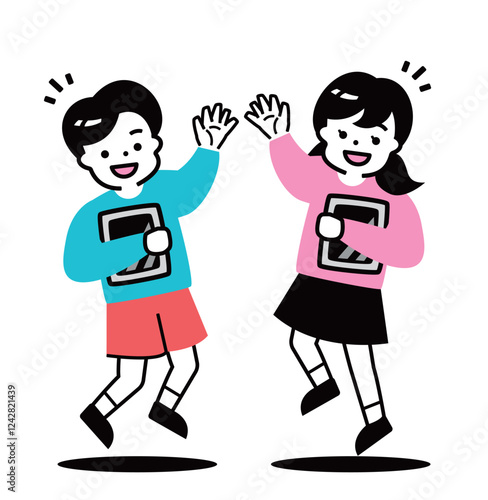 笑顔の男女の子供がハイタッチ、ジャンプをしながらタブレットを持つイラストイメージ_勉強・授業などのイメージ