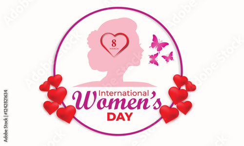 Celebrating Women's Day: A delicate design featuring a woman's silhouette, surrounded by hearts and butterflies, celebrates International Women's Day. The design is elegant and symbolic.