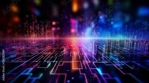Abstract digital network circuit board background banner with bright connecting data dots and light effects in various colors, big data technology