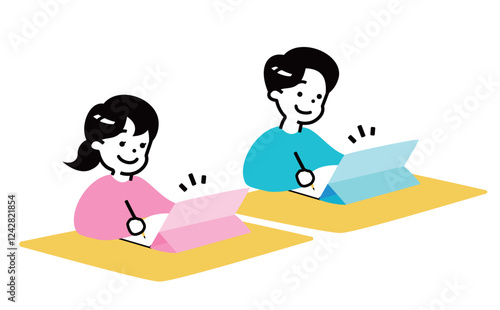 小学生ぐらいの子供(男女)がタブレットとノートに書いて勉強・学習しているイラスト_子どもの塾・ICT教育授業関連イメージ