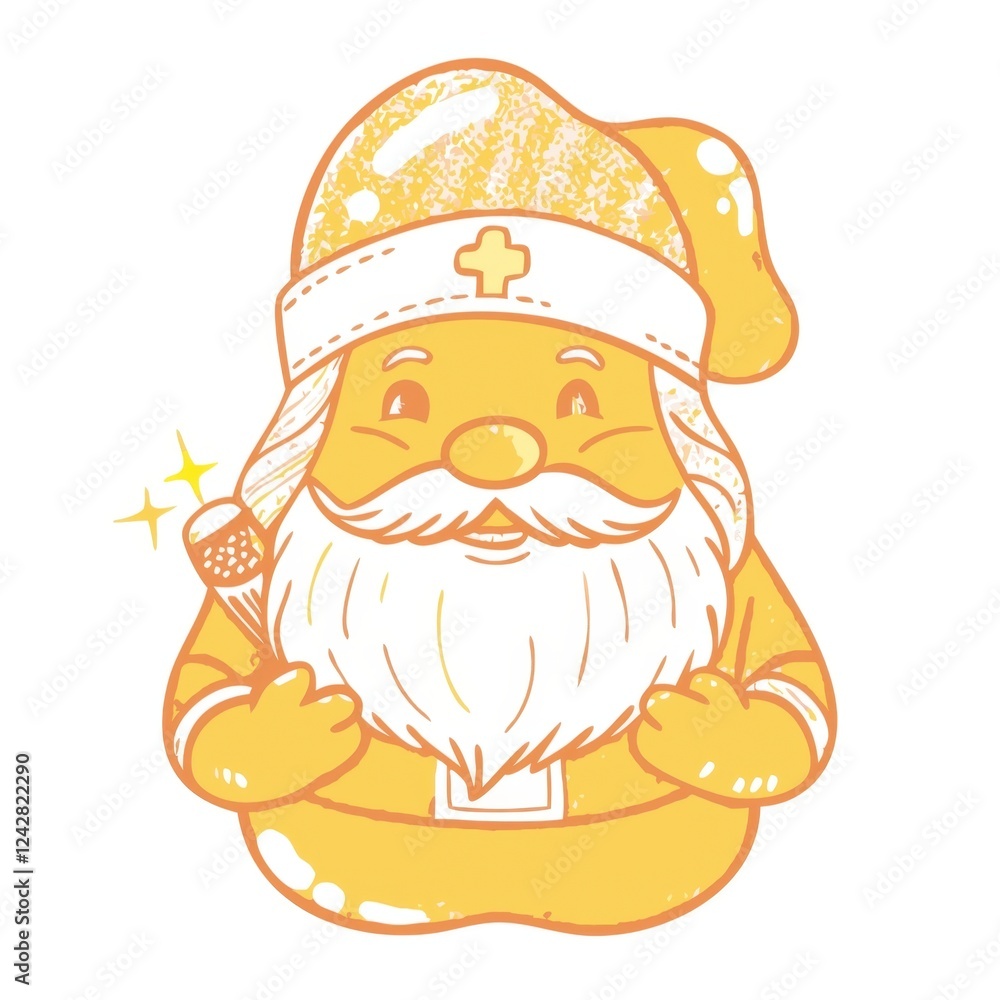 A cheerful, cartoonish Santa figure in yellow, holding a microphone, radiating warmth and joy with a sparkling background. A cheerful, cartoonish Santa figure in yellow, holding a microphone, radiating warmth and joy with a sparkling background.
