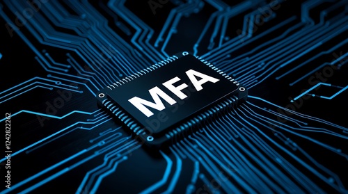 MFA Microchip on Circuit Board – Multi-Factor Authentication & Cloud Security, cloud technology, Saas, Paas, Iaas. AWS Services, technology background