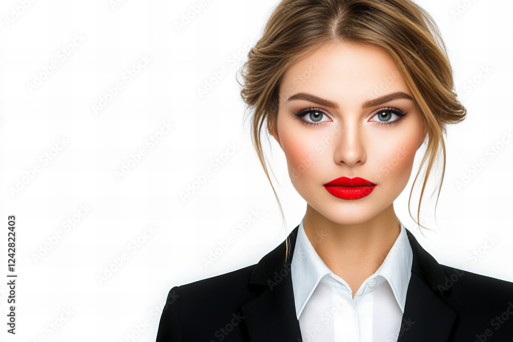 Elegant Portrait of a Caucasian Woman in Formal Attire with Vibrant Red Lipstick, Featuring Light Blonde Hair, Crisp White Background, and Professional Styling for Beauty, Fashion, and Corporate Use Elegant Portrait of a Caucasian Woman in Formal Attire with Vibrant Red Lipstick, Featuring Light Blonde Hair, Crisp White Background, and Professional Styling for Beauty, Fashion, and Corporate Use