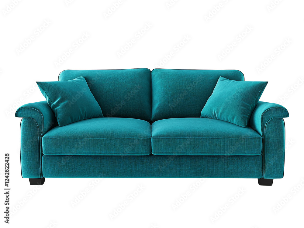 A teal colored sofa with two matching pillows is shown against a black background. It is a modern and stylish piece of furniture. A teal colored sofa with two matching pillows is shown against a black background. It is a modern and stylish piece of furniture.