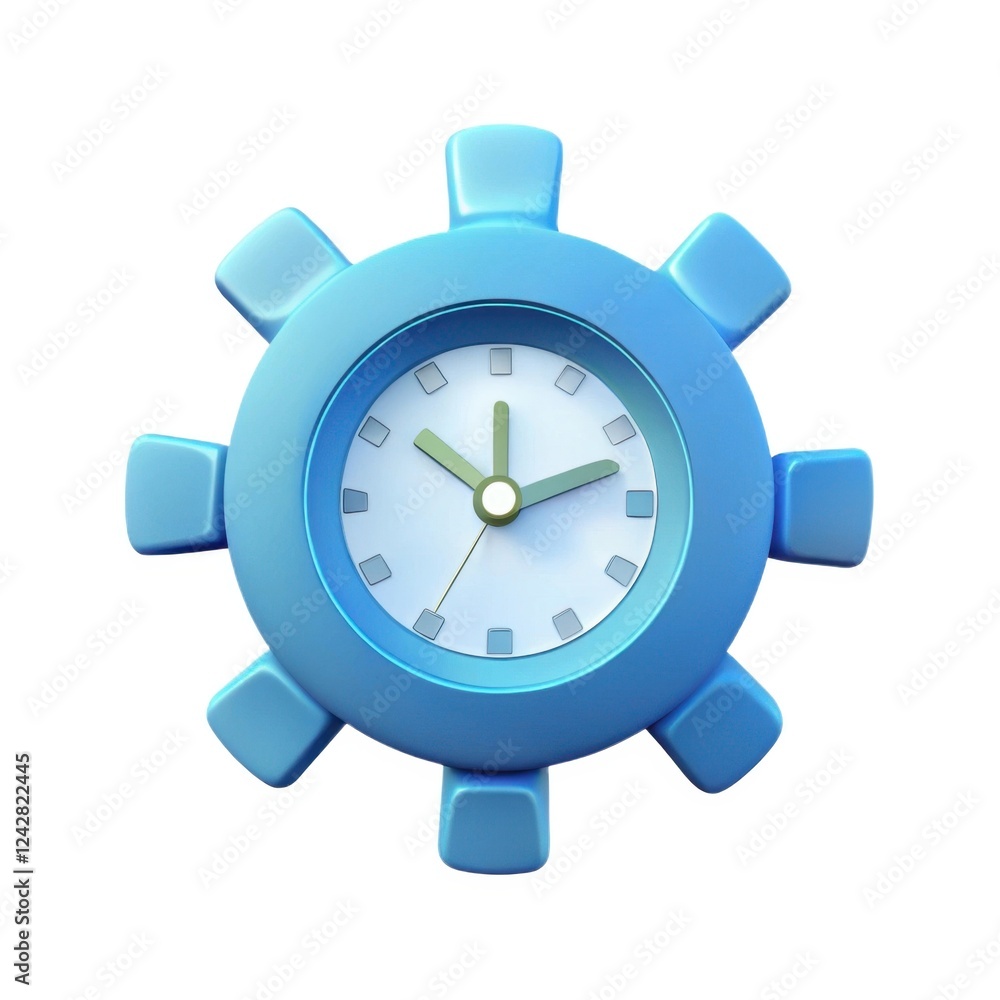 A colorful blue gear-shaped clock with a white face and green hands, representing a playful yet functional timepiece. A colorful blue gear-shaped clock with a white face and green hands, representing a playful yet functional timepiece.