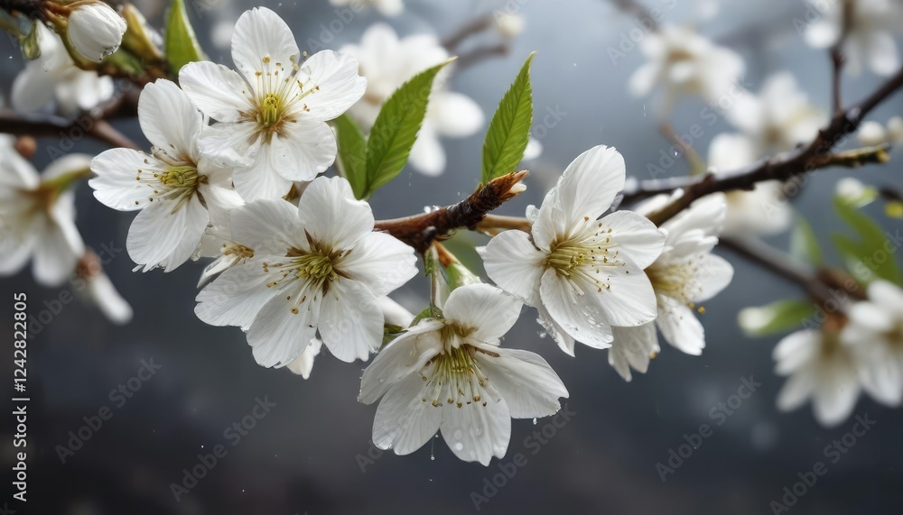 White cherry blossoms with dew drops on a quiet branch, minimalism, tranquility, zen White cherry blossoms with dew drops on a quiet branch, minimalism, tranquility, zen