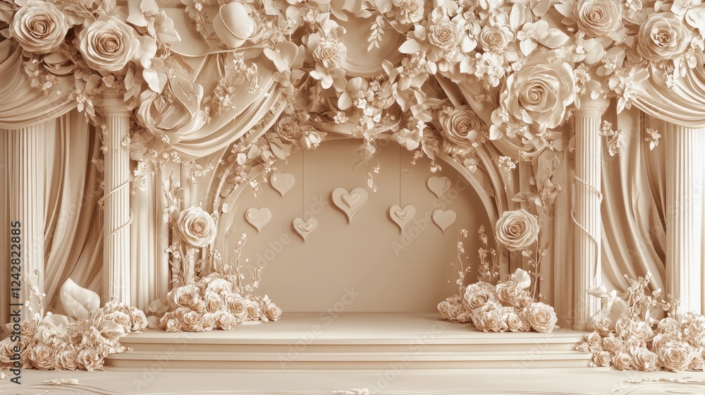 A luxurious Valentine's scene with a rose-adorned stage and hearts in a beige fantasy-inspired backdrop. A luxurious Valentine's scene with a rose-adorned stage and hearts in a beige fantasy-inspired backdrop.
