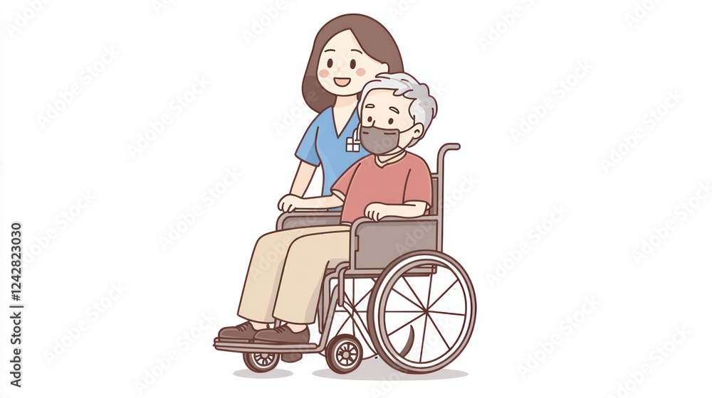 Caring Nurse Assisting Senior Man in Wheelchair with Face Mask Caring Nurse Assisting Senior Man in Wheelchair with Face Mask