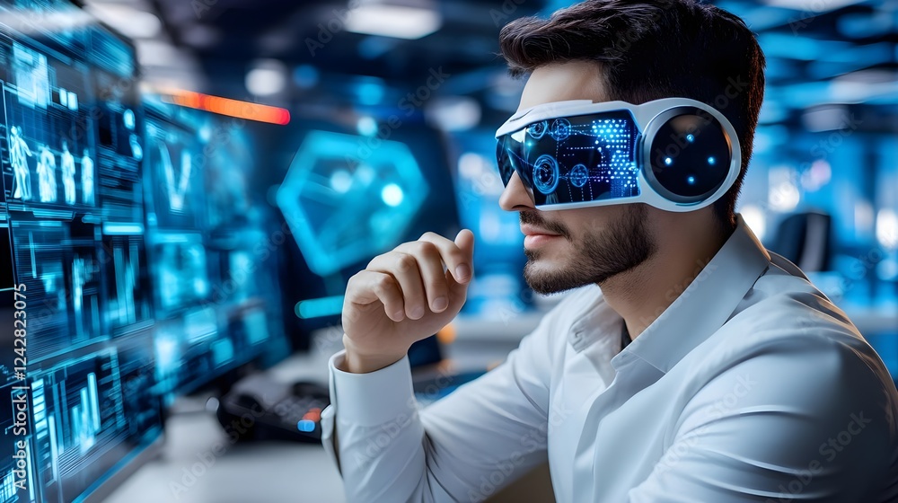 man wearing vr headset, futuristic tech - metaverse man wearing vr headset, futuristic tech - metaverse