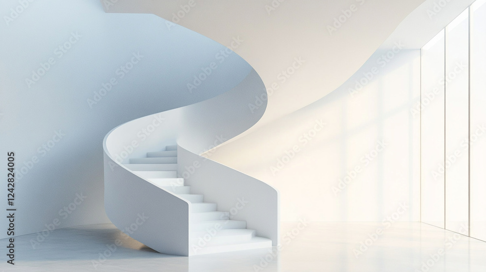 Obraz premium Modern spiral staircase in minimalist setting with soft lighting, showcasing clean lines and sleek design. space emphasizes simplicity and elegance, creating serene atmosphere