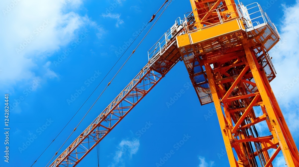 Orange Construction Crane Against Vivid Blue Sky Orange Construction Crane Against Vivid Blue Sky